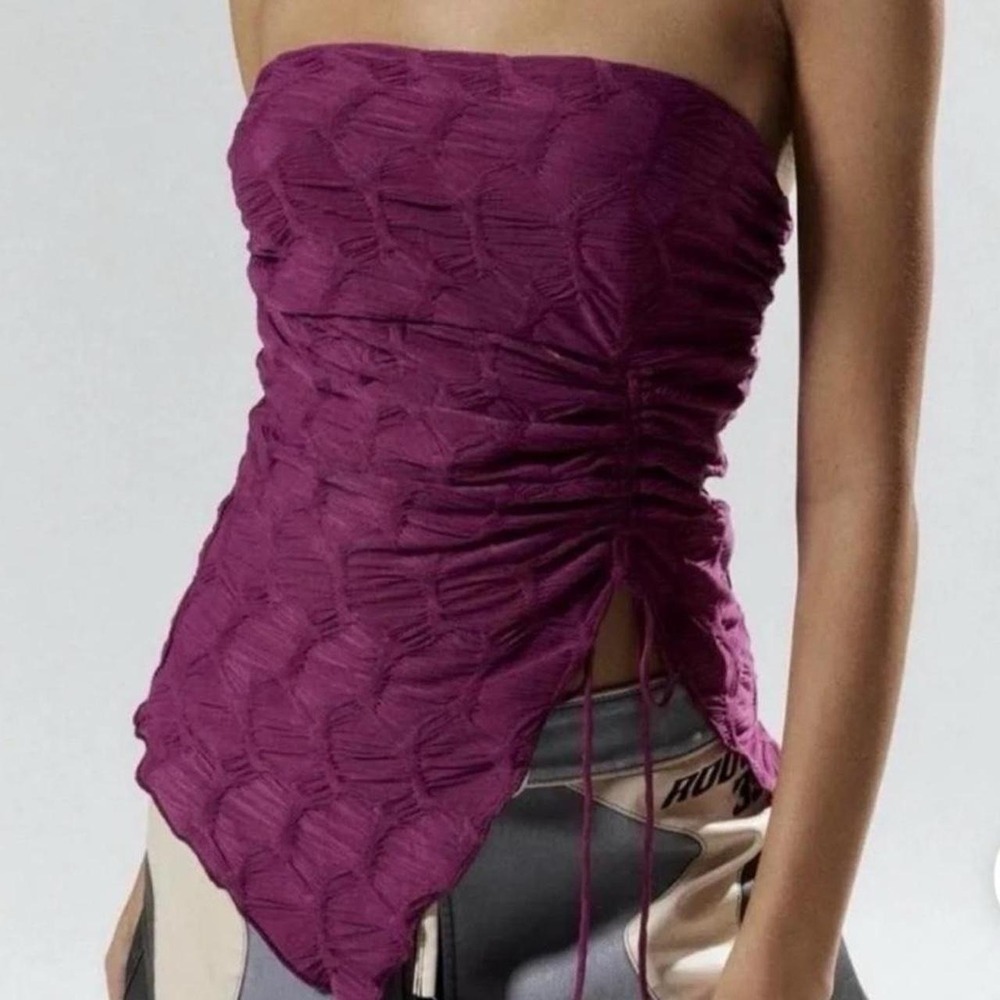 Silence + Noise Plum Purple Textured Asymmetrical Ruched Tube Top Small